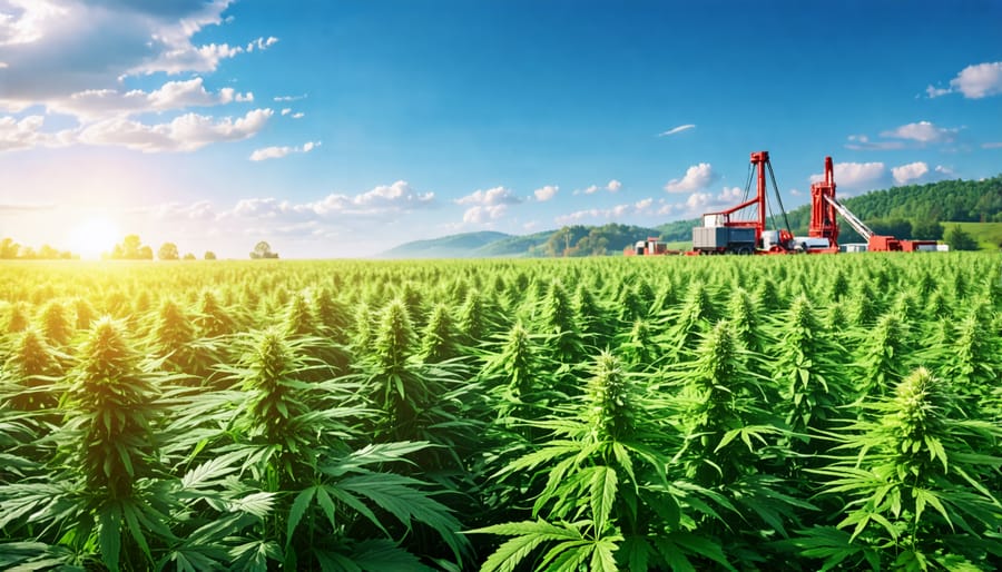 A hemp field growing in a region with visible nickel mining operations