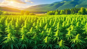 A thriving hemp farm in a nickel-rich area, blending natural cultivation and industrial elements with symbols of Indigenous collaboration in the background.