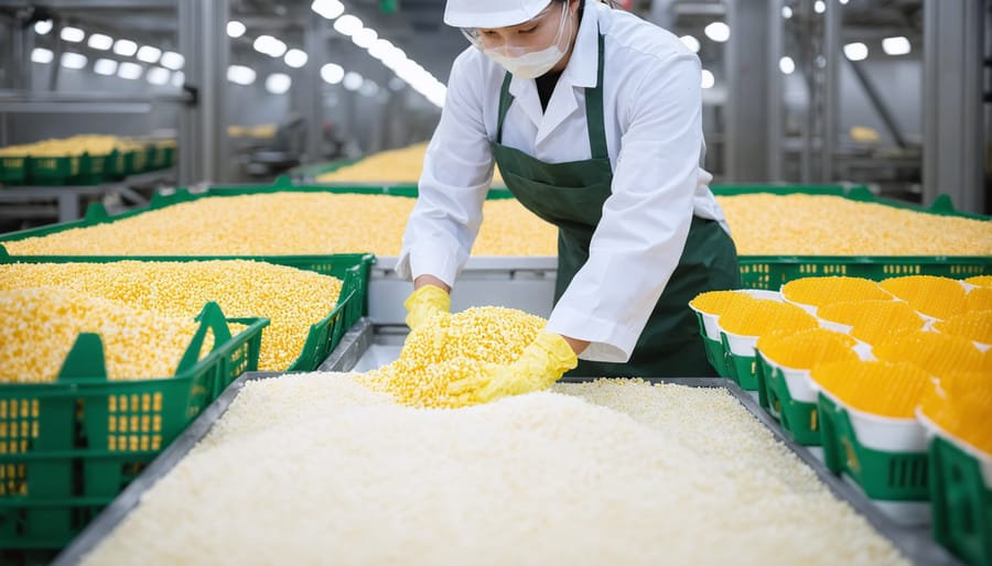 Worker with eco-friendly packaging in a candy production setting