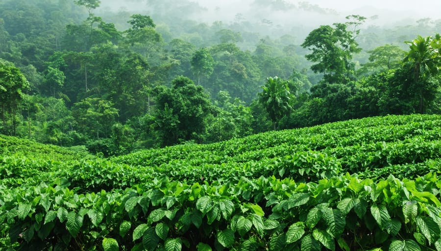 A wide view of a kratom plantation showcasing dense greenery