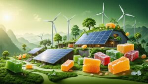 An eco-friendly candy production scene featuring renewable energy sources, biodegradable packaging, and Indigenous community involvement with solar panels and wind turbines.