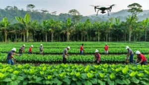 A vibrant kratom plantation illustrating the collaboration of Indigenous communities and modern technology in sustainable farming practices.