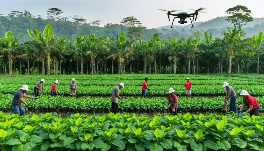 A vibrant kratom plantation illustrating the collaboration of Indigenous communities and modern technology in sustainable farming practices.