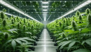 Indoor cannabis cultivation setup with LED lighting systems illuminating rows of cannabis plants, representing sustainable agriculture practices in Canada.