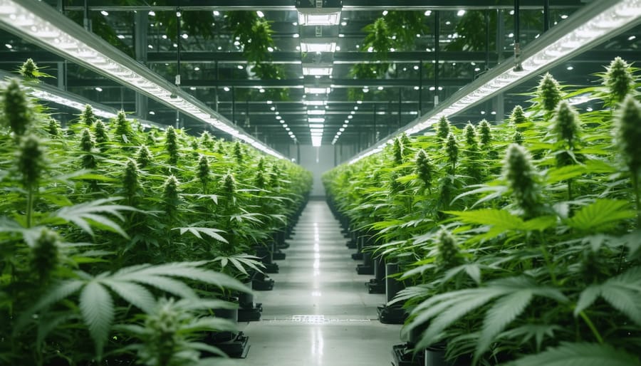 Indoor cannabis cultivation setup with LED lighting systems illuminating rows of cannabis plants, representing sustainable agriculture practices in Canada.