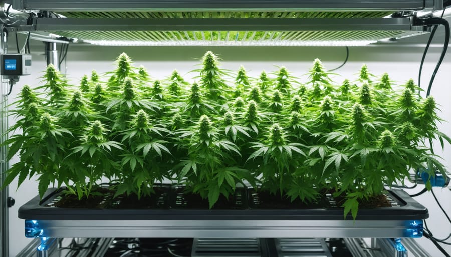 Hydroponic cannabis growing system with visible water recirculation infrastructure