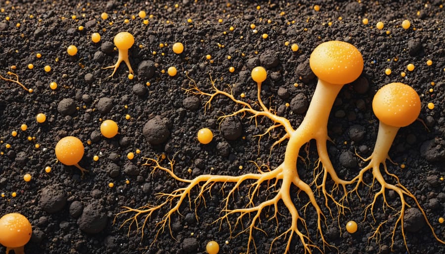 Detailed view of healthy living soil ecosystem with cannabis plant roots