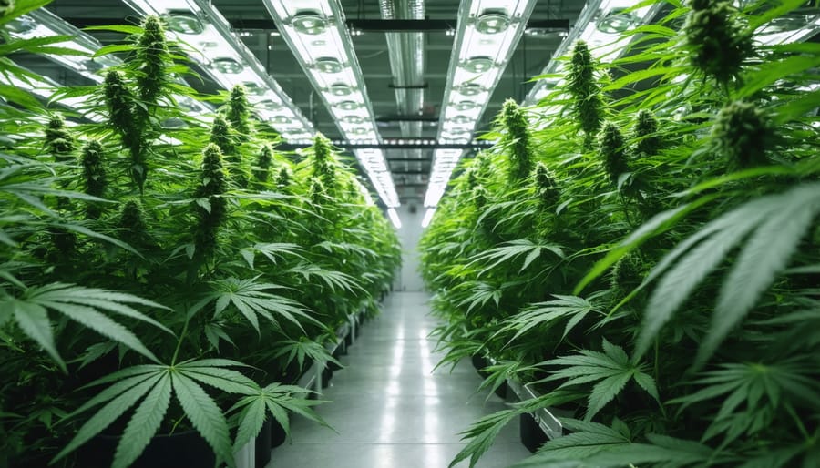 Advanced LED lighting system illuminating cannabis plants in a controlled indoor environment